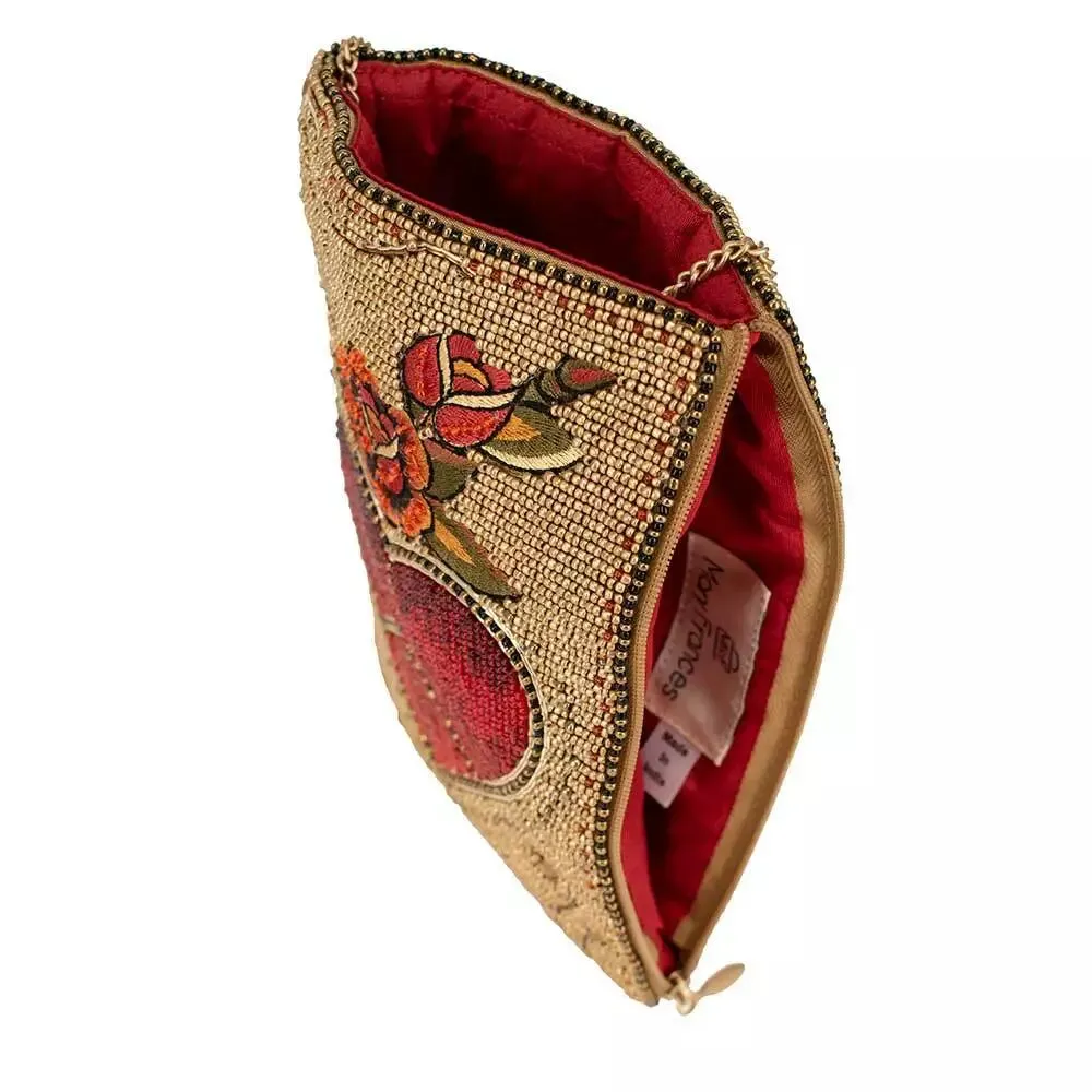 Mary Frances I Love Peace Red Heart Bag Handbag Flower Phone Zip Purse Gold NEW