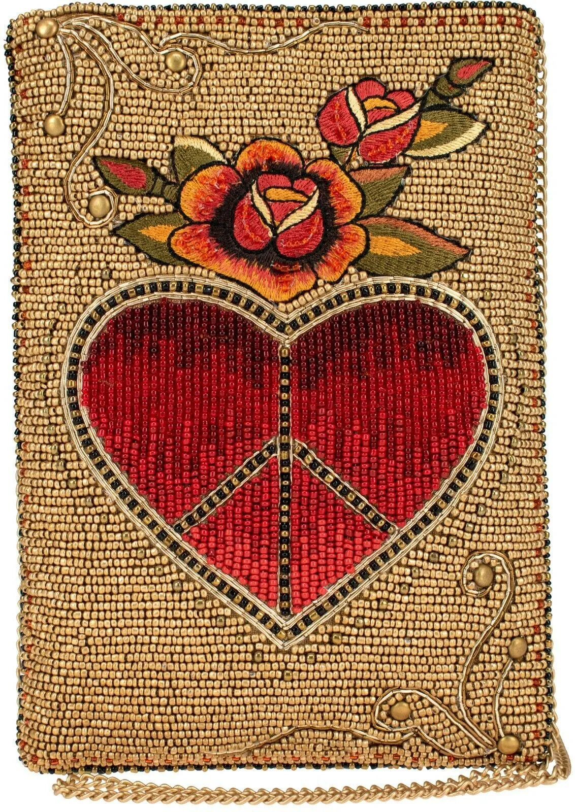 Mary Frances I Love Peace Red Heart Bag Handbag Flower Phone Zip Purse Gold NEW