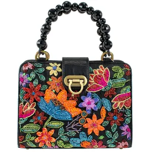 Mary Frances I Pick You Top Handle Handbag Beaded Clutch Floral Black Bag New