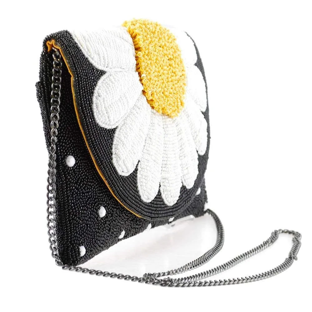 Mary Frances Oopsy Daisy Special Beaded Crossbody Clutch Black Flower Purse New