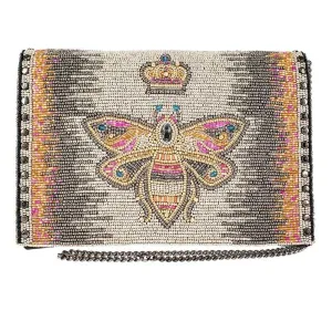 Mary Frances Queen Bee Crossbody Chain Handbag Bag Beaded Black Gold Cream New