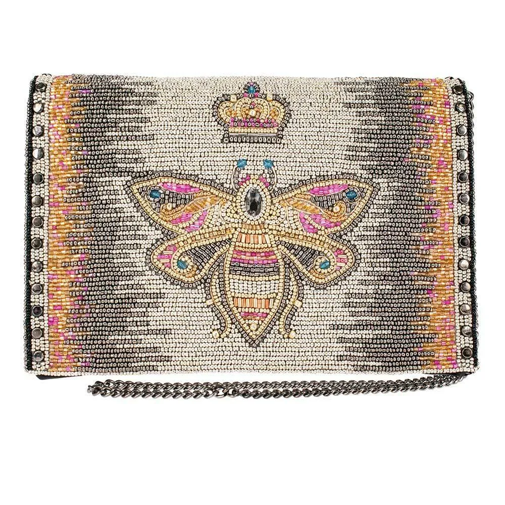 Mary Frances Queen Bee Crossbody Chain Handbag Bag Beaded Black Gold Cream New