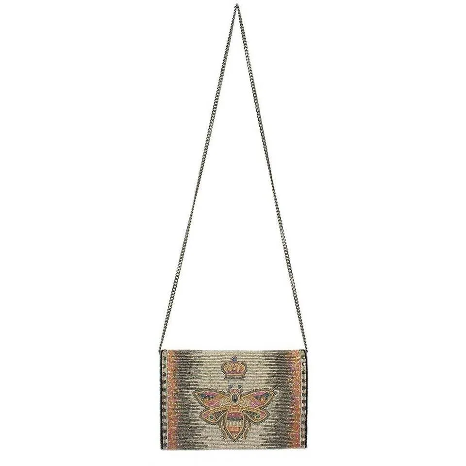 Mary Frances Queen Bee Crossbody Chain Handbag Bag Beaded Black Gold Cream New