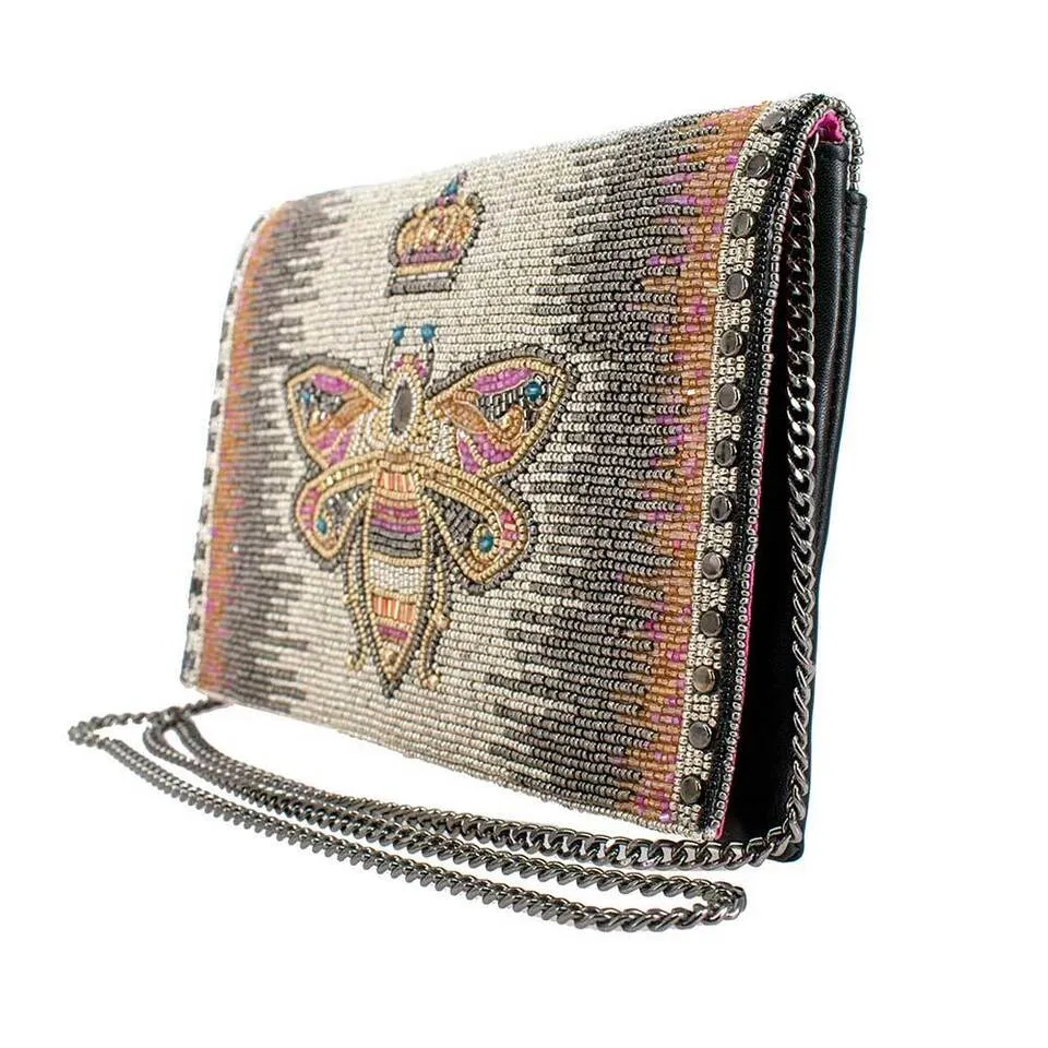 Mary Frances Queen Bee Crossbody Chain Handbag Bag Beaded Black Gold Cream New