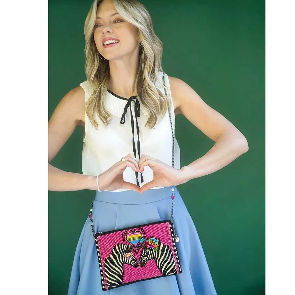 Mary Frances Smitten Beaded Zebra Love Crossbody Clutch Handbag Pink Bag New