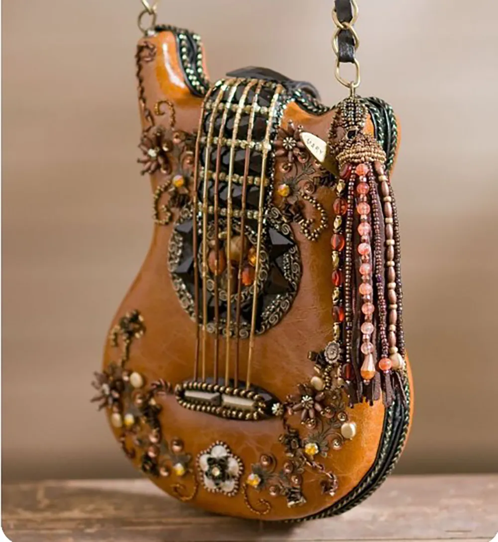 Mary Frances Special Hall Of Fame Bag Guitar Brown Beaded Handbag Music Tan New