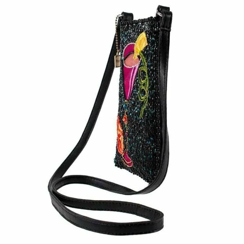 Mary Frances Take A Sip Bead Handbag Crossbody Phone Bag Black Leather Purse NEW