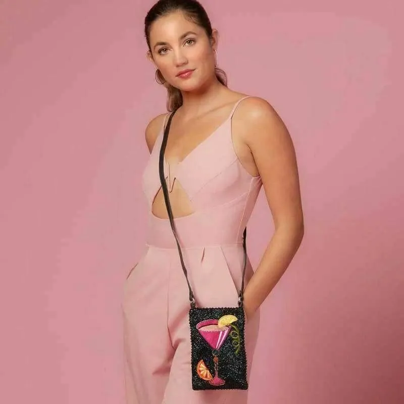 Mary Frances Take A Sip Bead Handbag Crossbody Phone Bag Black Leather Purse NEW