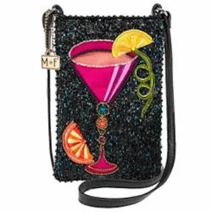 Mary Frances Take A Sip Bead Handbag Crossbody Phone Bag Black Leather Purse NEW