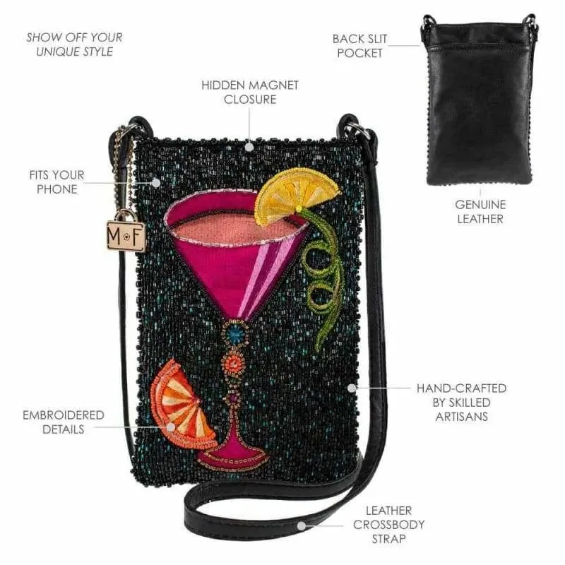 Mary Frances Take A Sip Bead Handbag Crossbody Phone Bag Black Leather Purse NEW