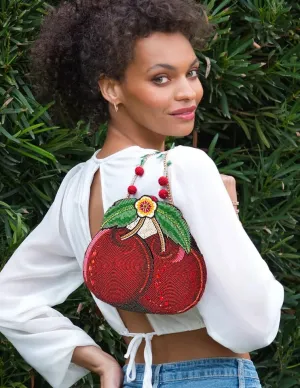 Mary Frances Wild Cherry Fruit Spring Beaded Handbag Bag Cherries Purse Red NEW