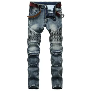 Men's Cycling Jeans Mid Waist Motorcycle Jeans Straight Pants