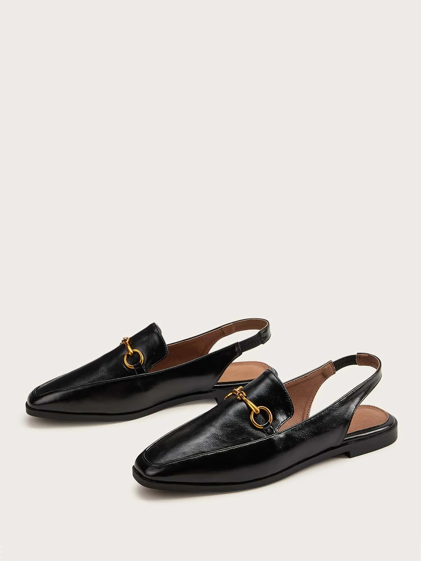 Metal Detail Square Toe Slingback Flats - Black