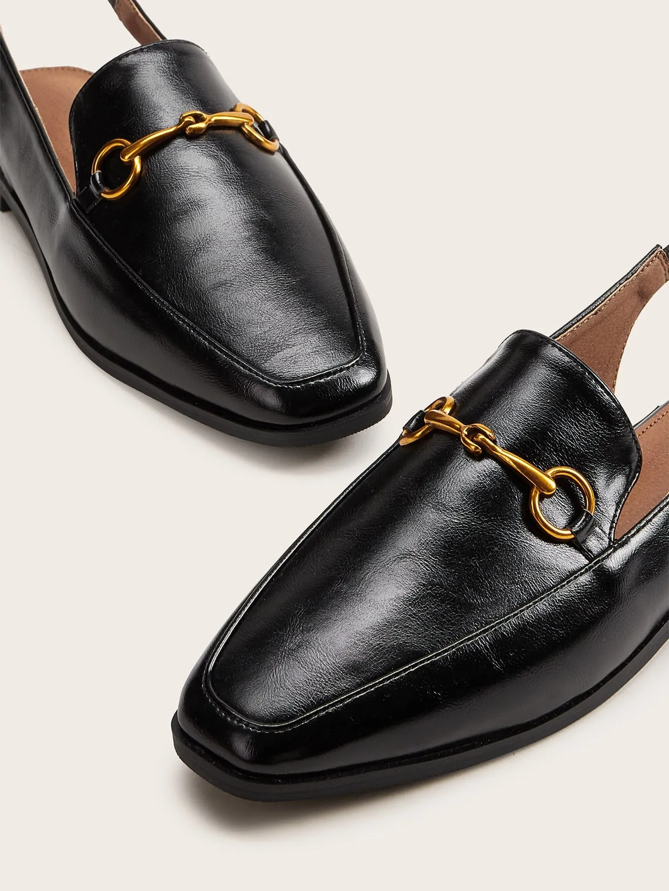 Metal Detail Square Toe Slingback Flats - Black
