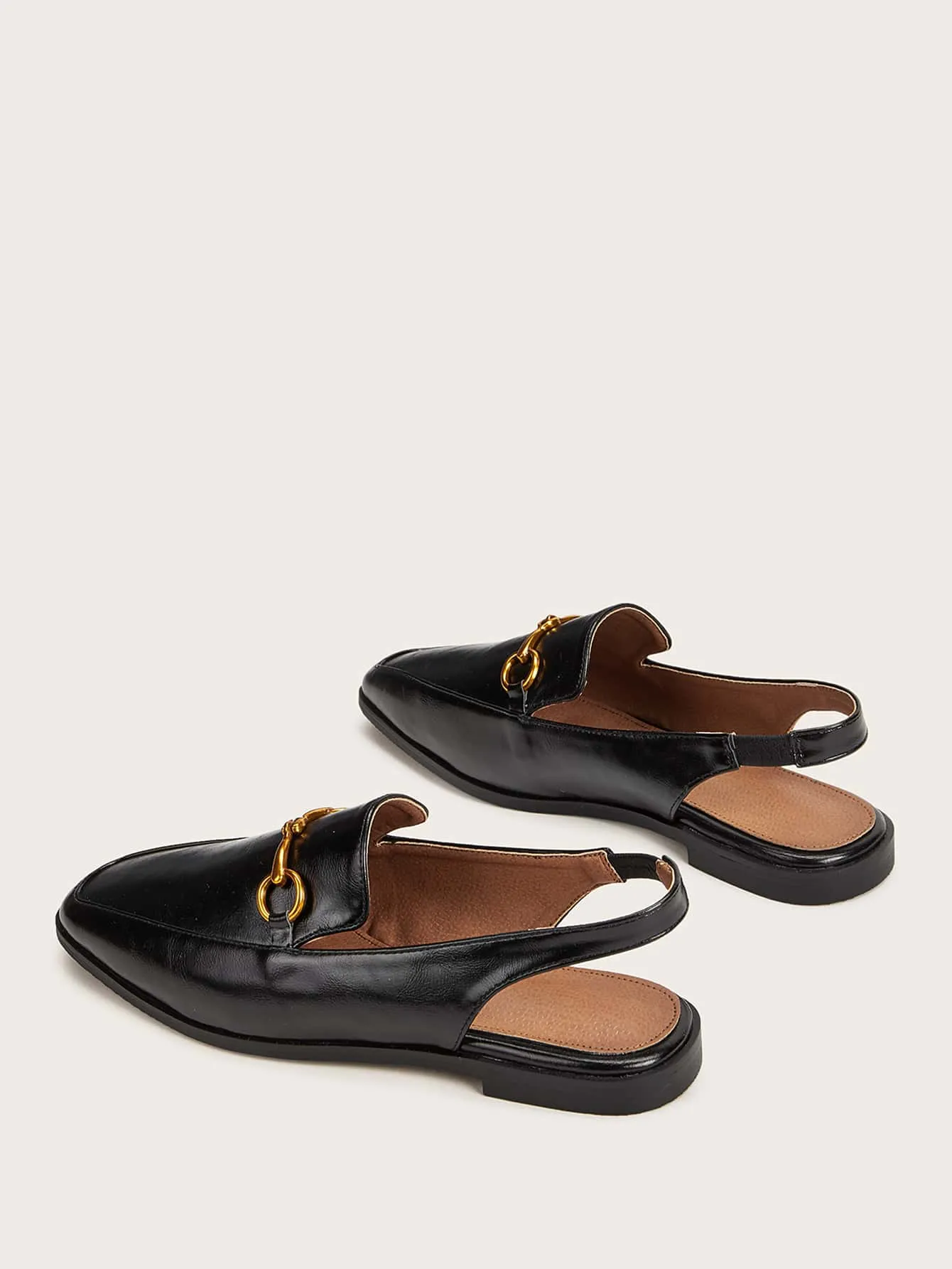 Metal Detail Square Toe Slingback Flats - Black