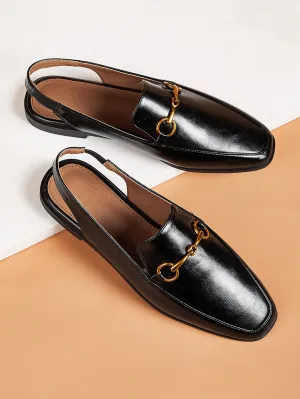 Metal Detail Square Toe Slingback Flats - Black