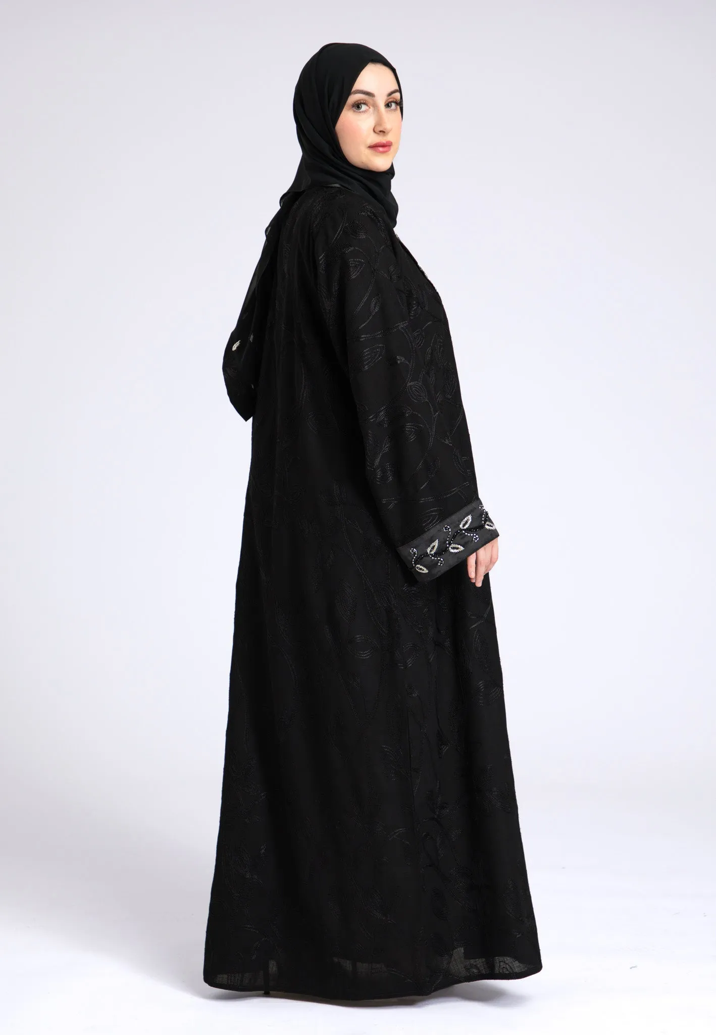 Midnight Black Notched Lapel Open Abaya (Premium)