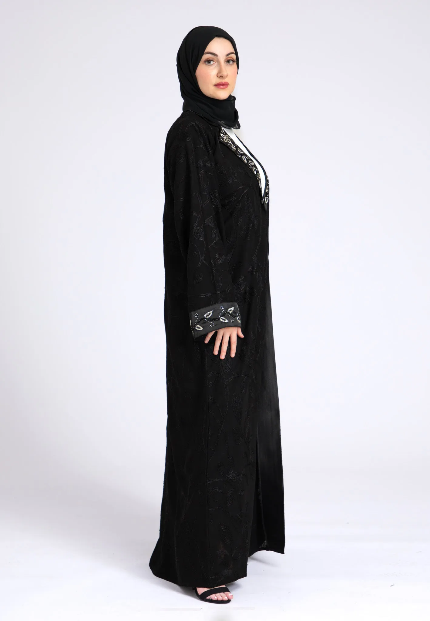 Midnight Black Notched Lapel Open Abaya (Premium)