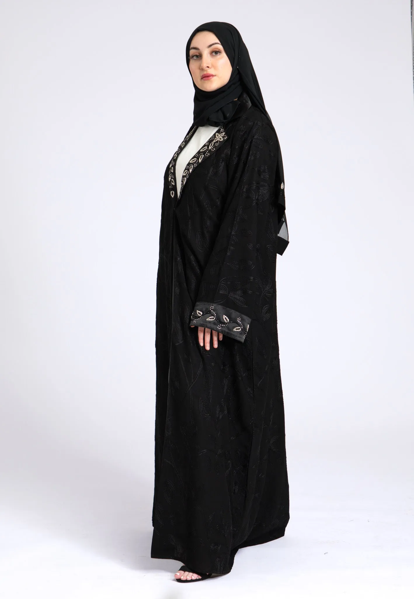 Midnight Black Notched Lapel Open Abaya (Premium)