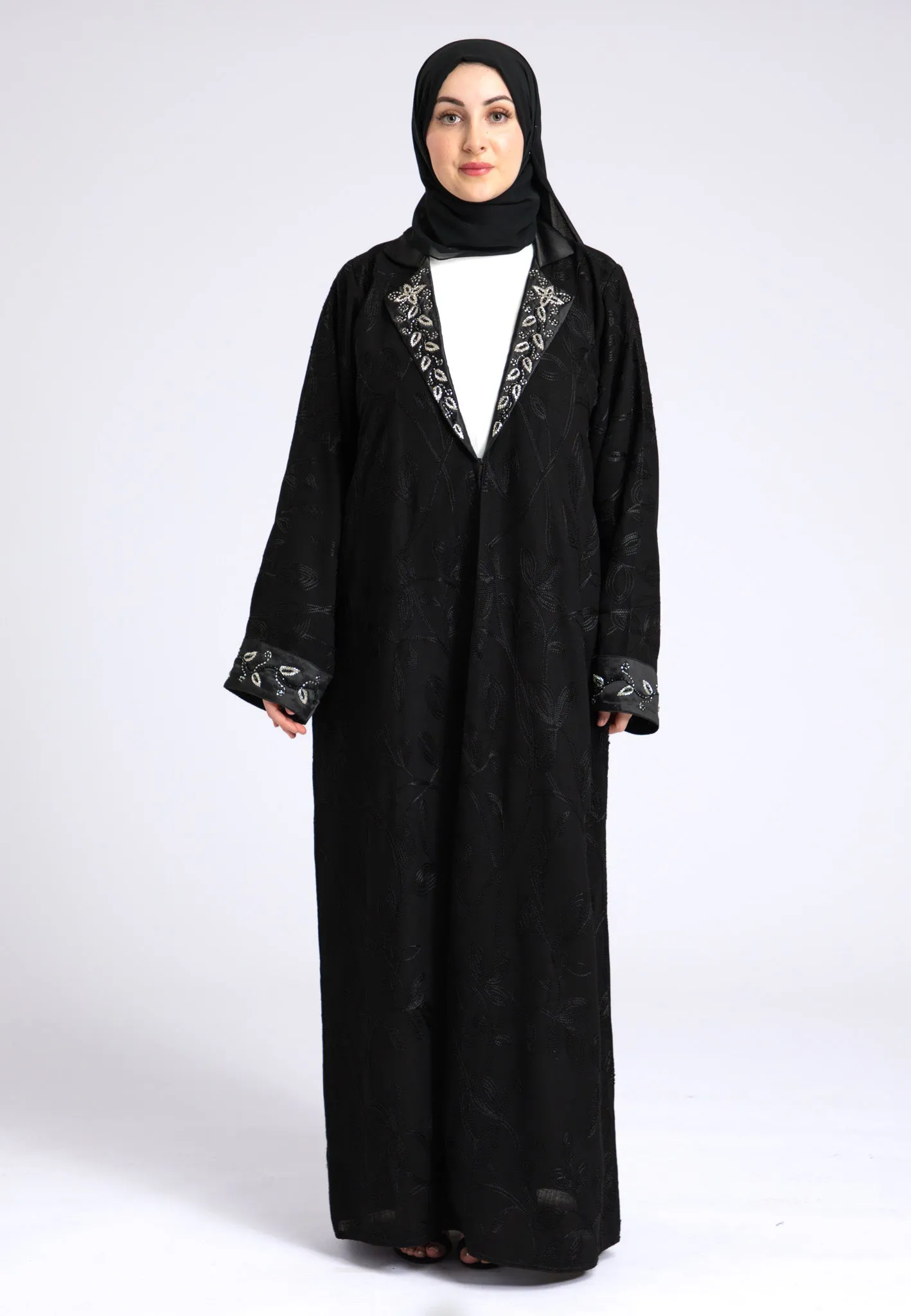 Midnight Black Notched Lapel Open Abaya (Premium)