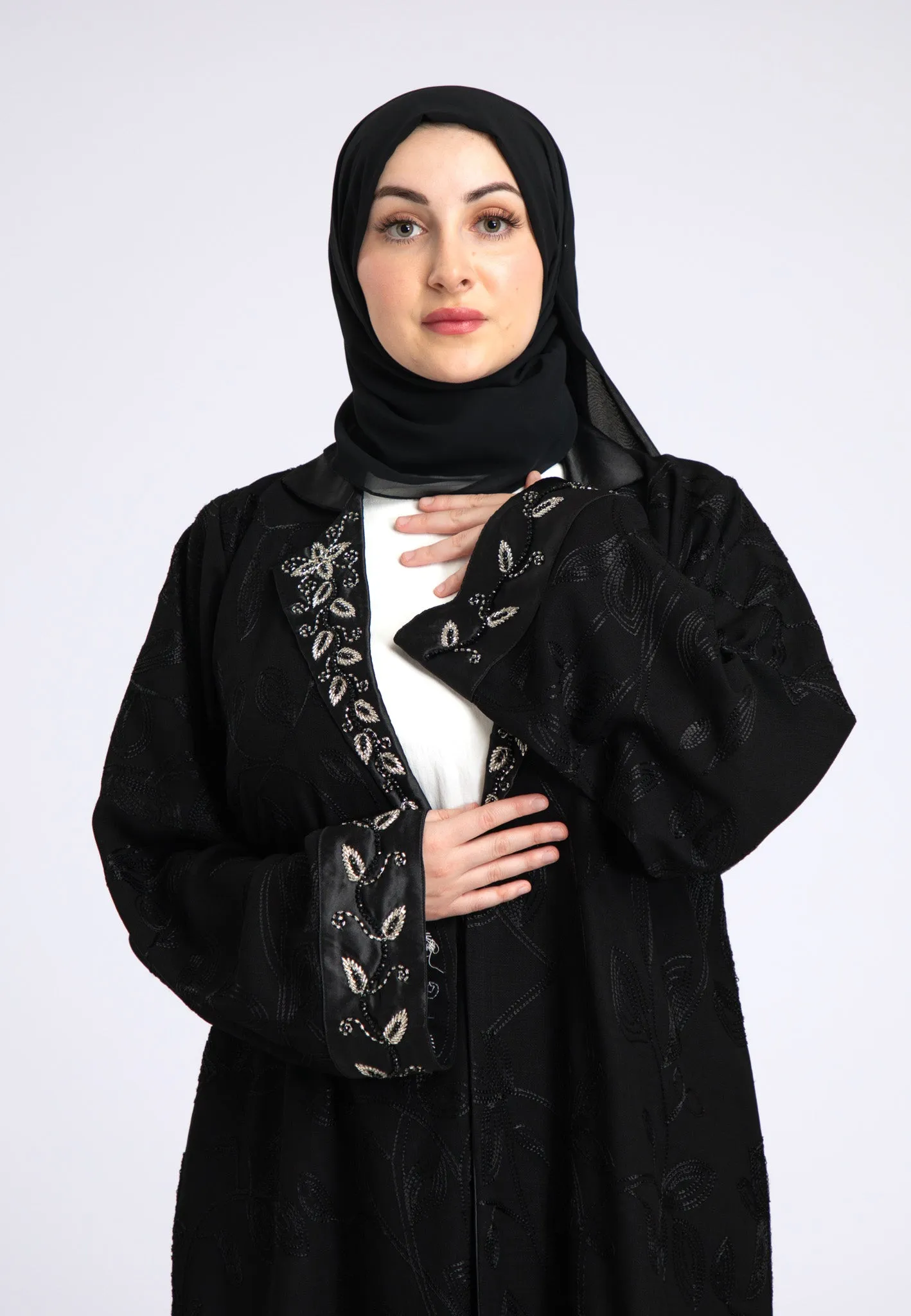 Midnight Black Notched Lapel Open Abaya (Premium)