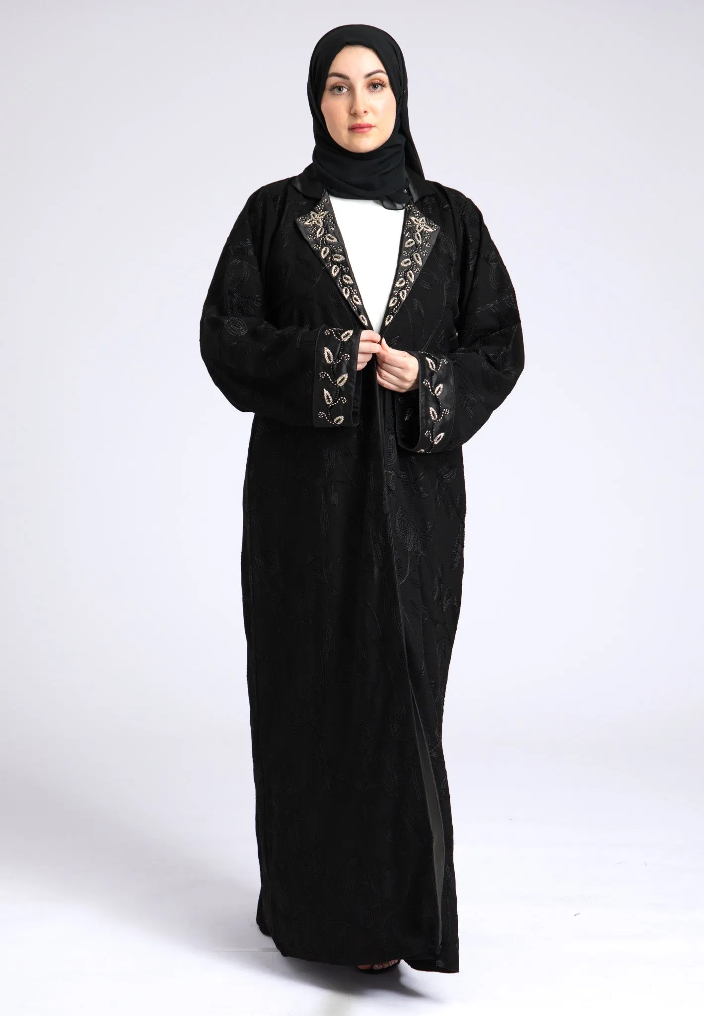 Midnight Black Notched Lapel Open Abaya (Premium)