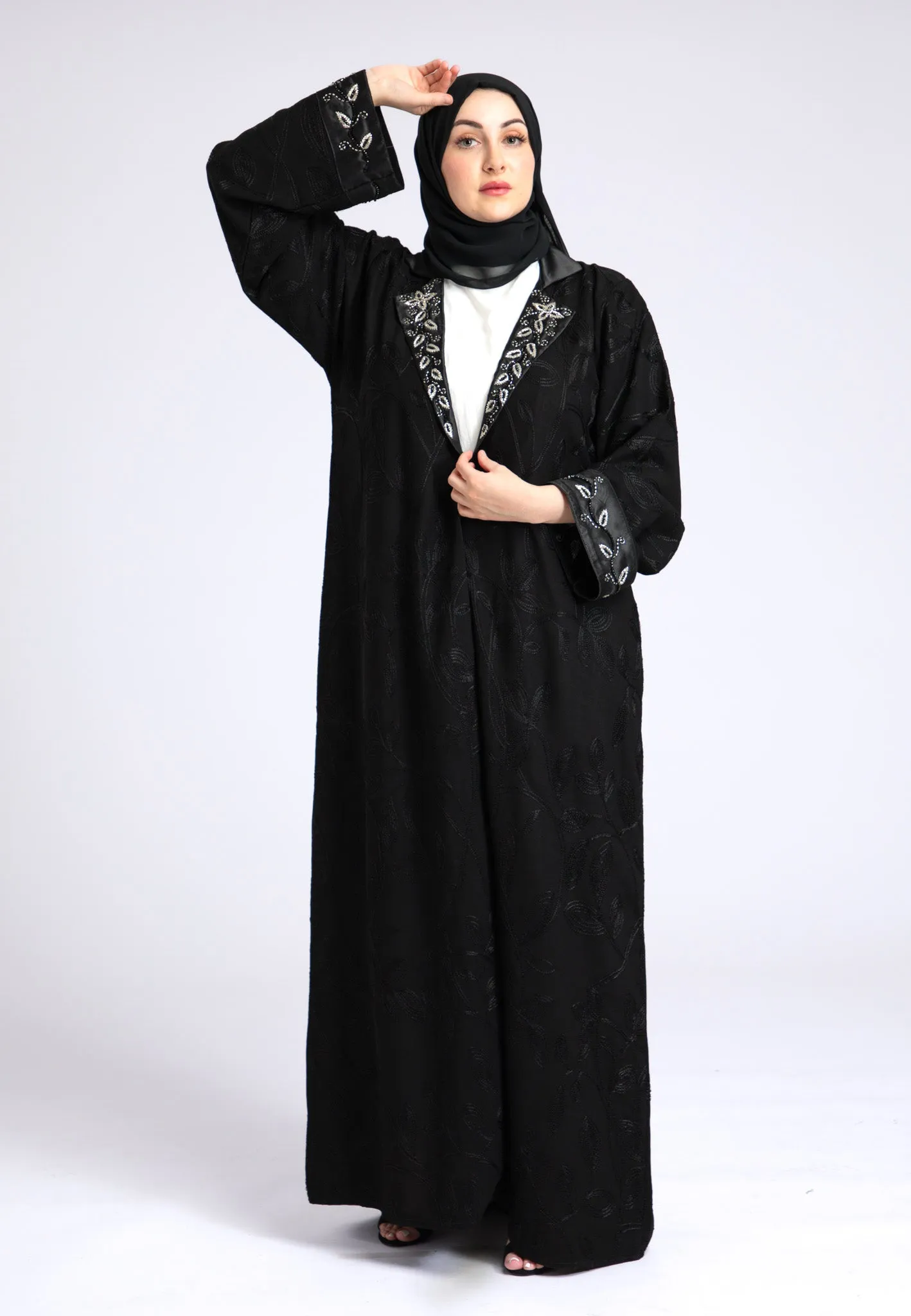 Midnight Black Notched Lapel Open Abaya (Premium)