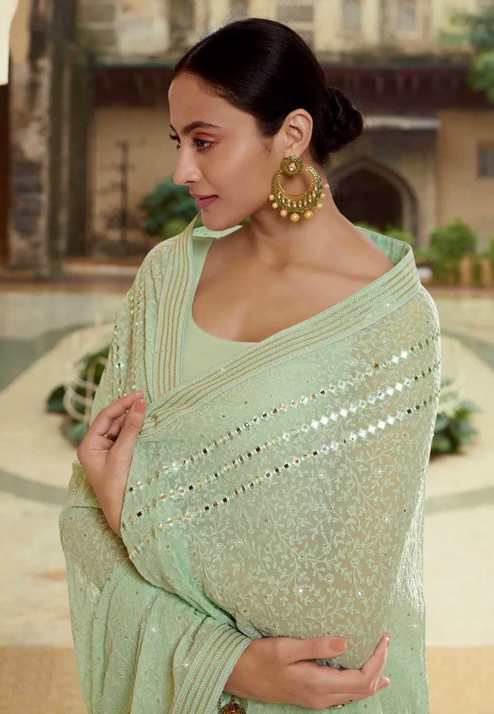 Mint Green Chikankari Embroidered Party Wear Saree