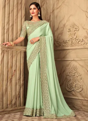 Mint Green Embroidered Silk Saree