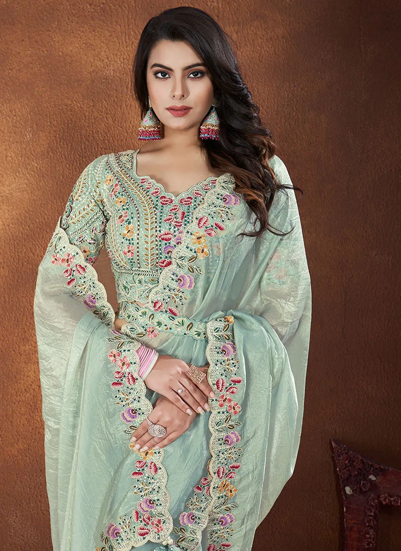 Mint Green Sequence And Thread Embroidery Saree With Belt