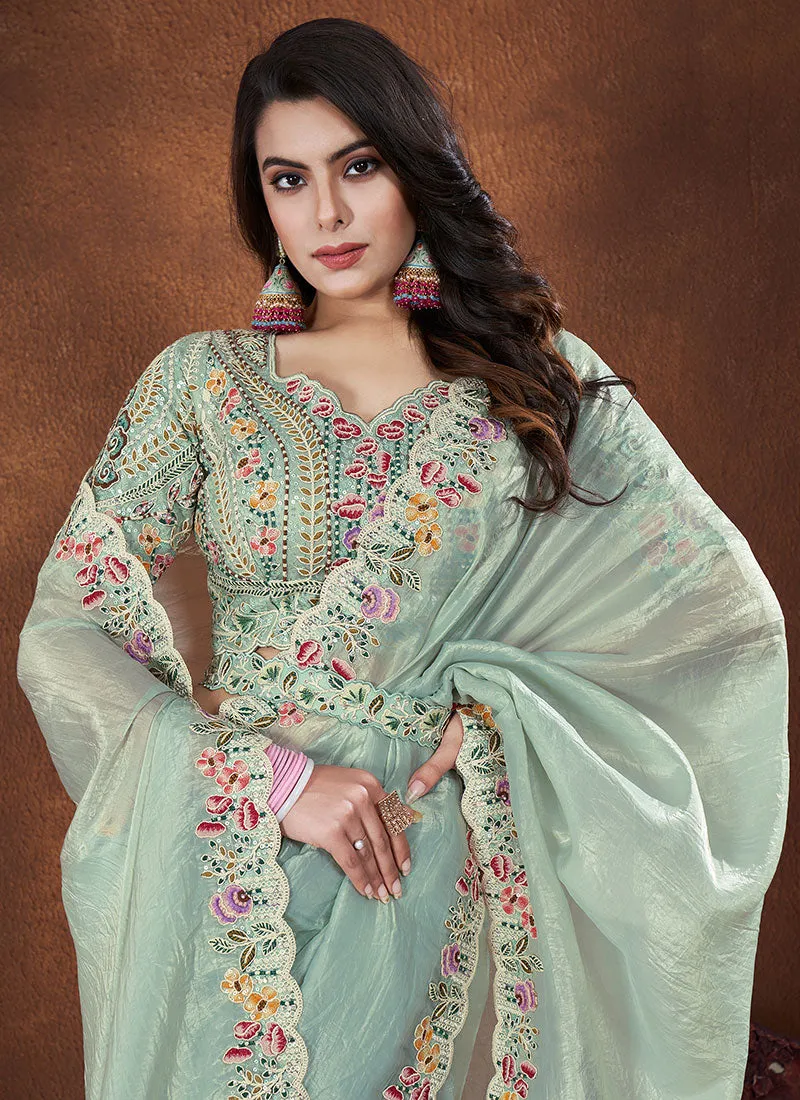 Mint Green Sequence And Thread Embroidery Saree With Belt