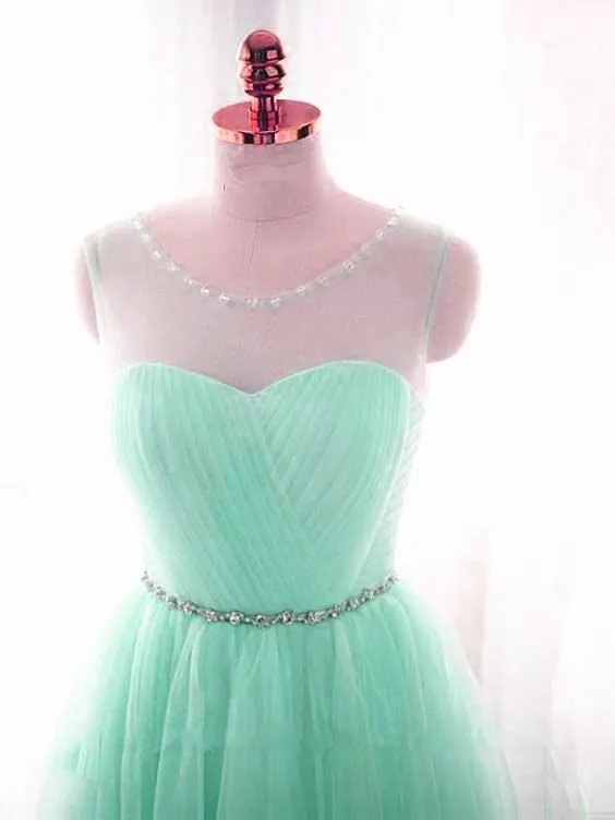 Mint Green Tulle Round Beaded Tulle Party Dress, Short Prom Dress Homecoming Dress