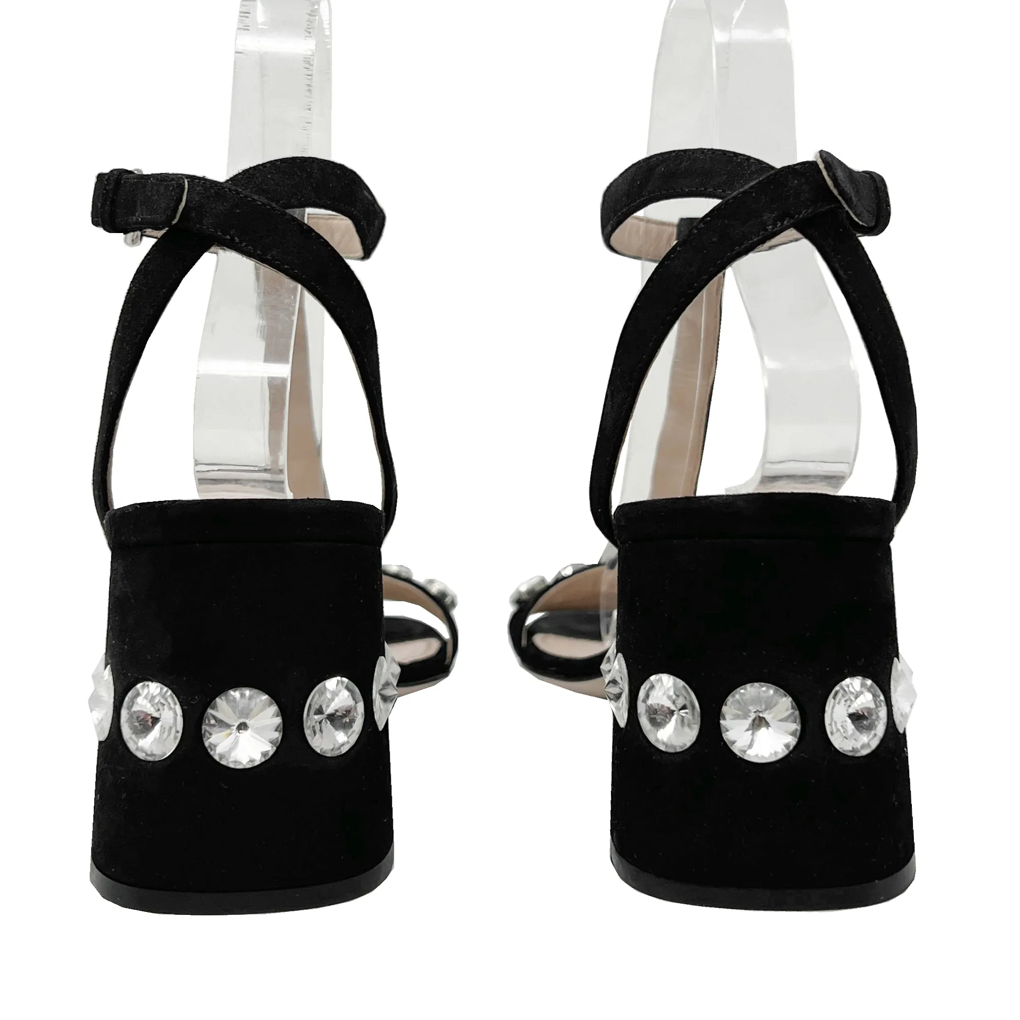 Miu Miu Black Suede Crystal Embellished T-Strap Low Block Heels Sandals Size EU 37.5