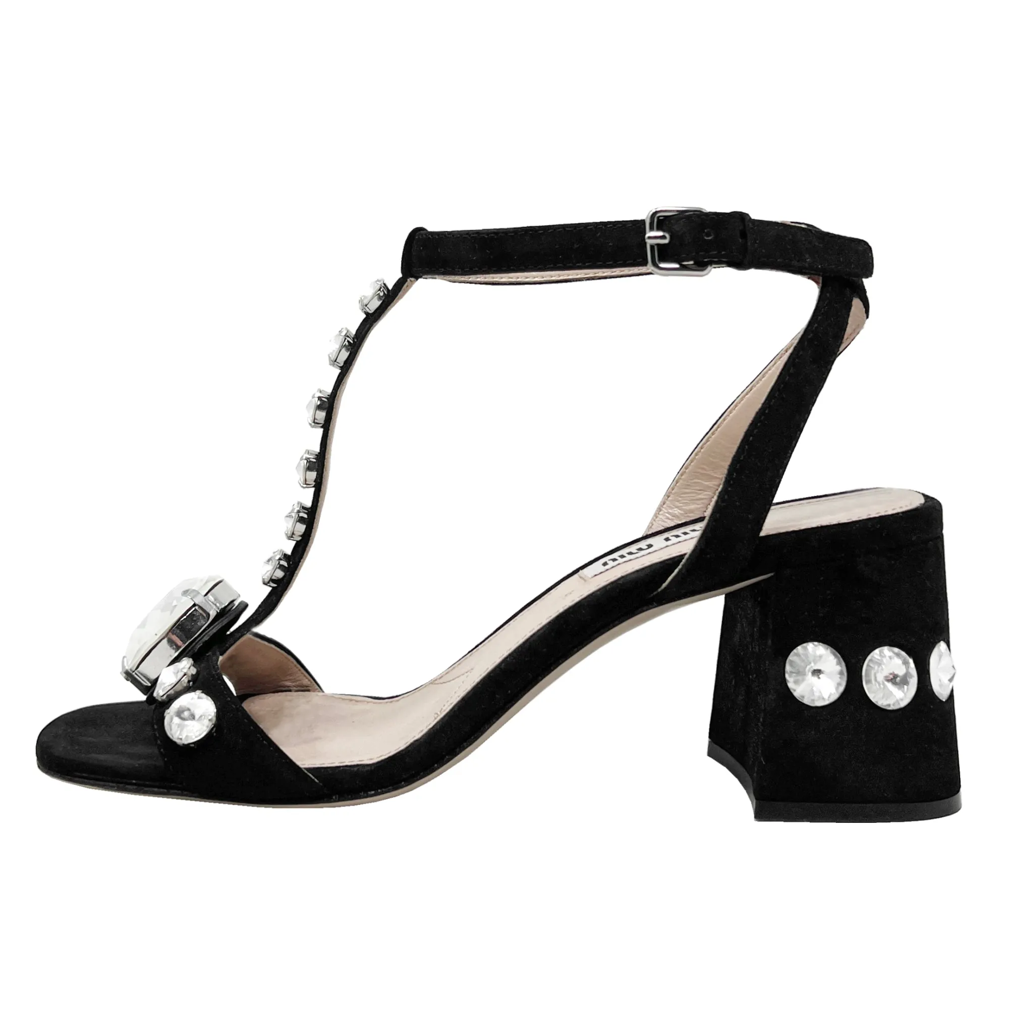 Miu Miu Black Suede Crystal Embellished T-Strap Low Block Heels Sandals Size EU 37.5