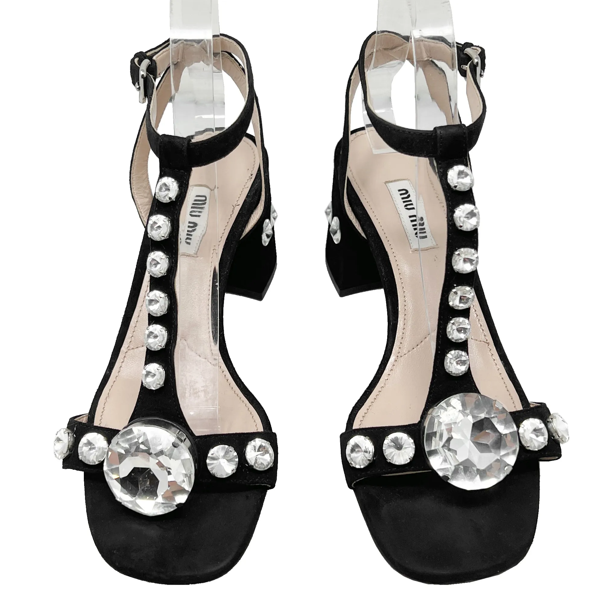 Miu Miu Black Suede Crystal Embellished T-Strap Low Block Heels Sandals Size EU 37.5