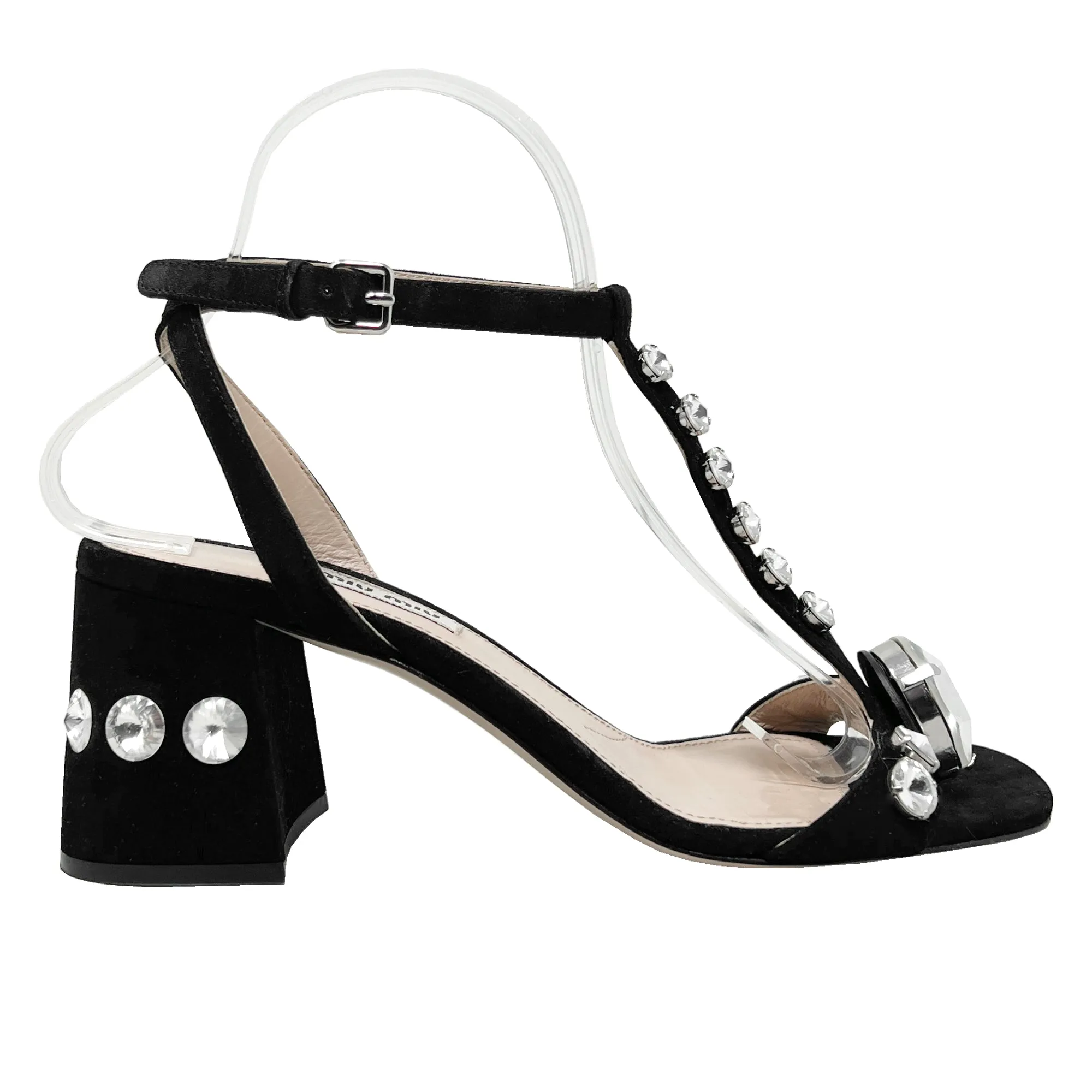 Miu Miu Black Suede Crystal Embellished T-Strap Low Block Heels Sandals Size EU 37.5