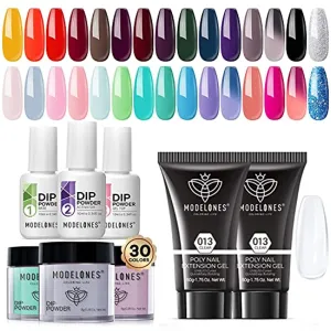 Modelones Poly Nail Extension Gel 2PCS 50ML Clear Poly Nail Gel with 30 Colors Dip Powder Nail Kit, 33Pcs Fall Winter Dip Nail Kit Starter