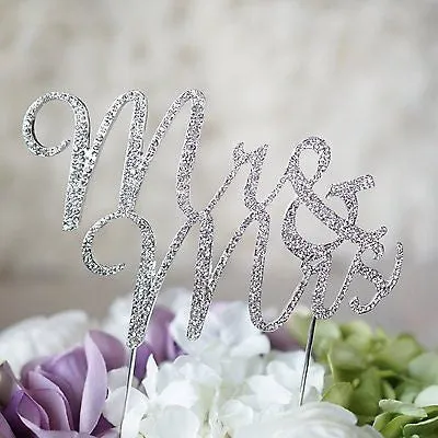 Mr and Mrs Script Silver Crystal Bride and Groom Wedding Cake Topper
