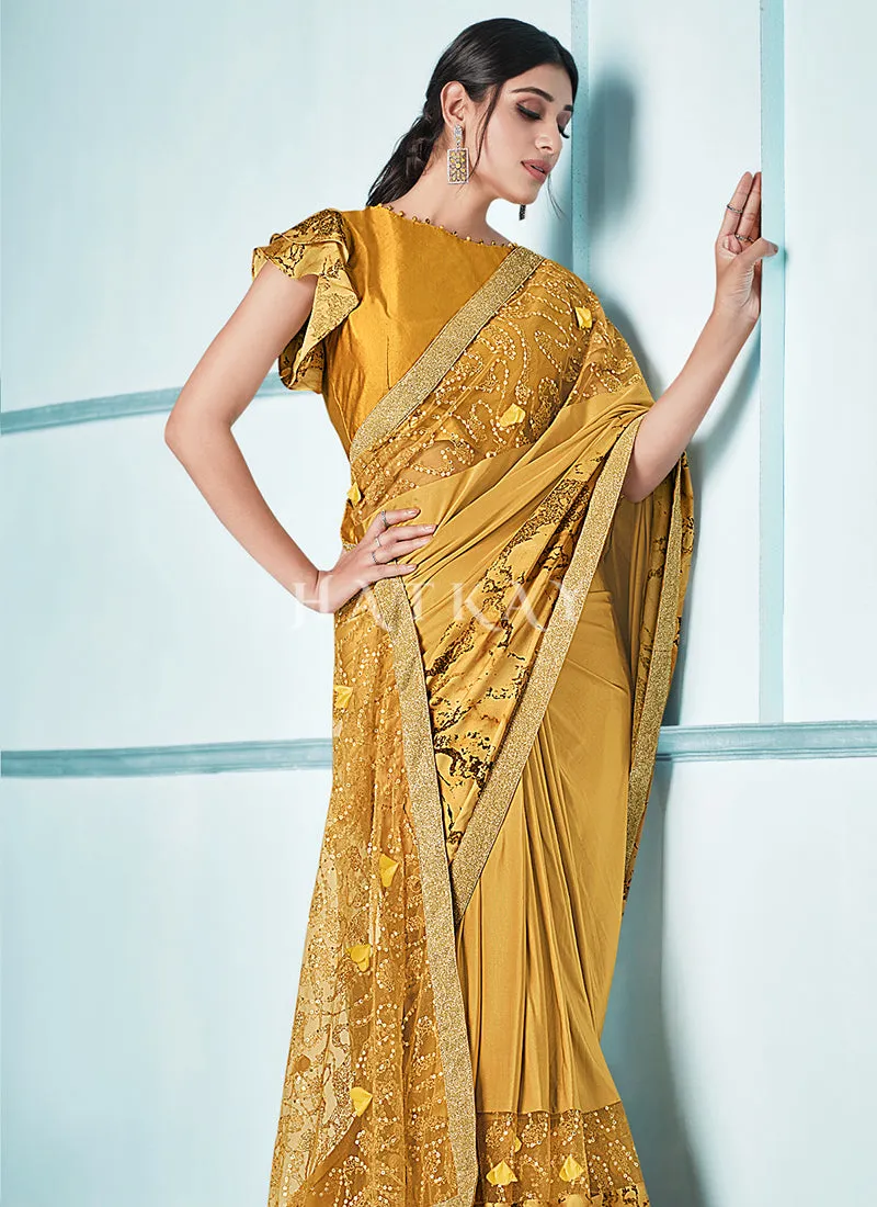 Mustard Yellow Sequence Embroidered Festive Saree