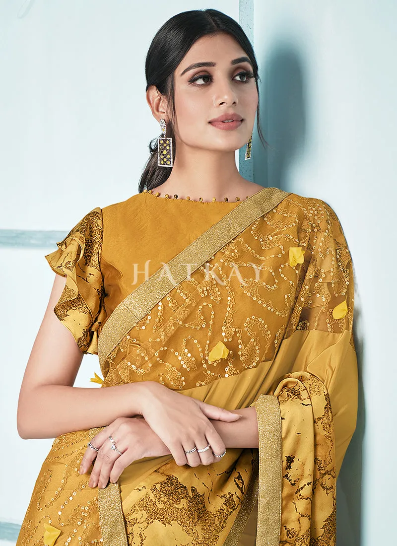 Mustard Yellow Sequence Embroidered Festive Saree