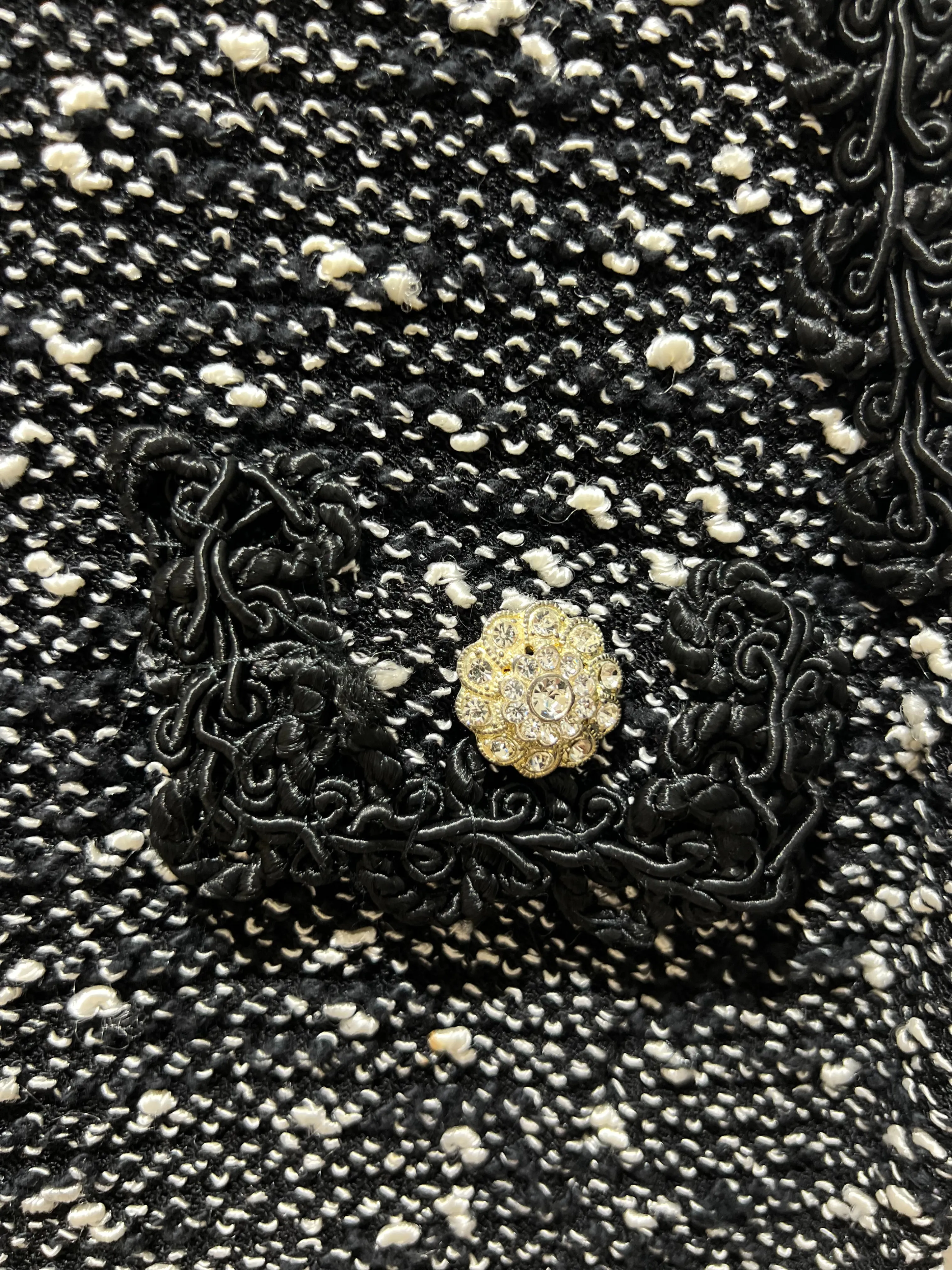 Myra Black and White Tweed Dress with Rhinestone Buttons