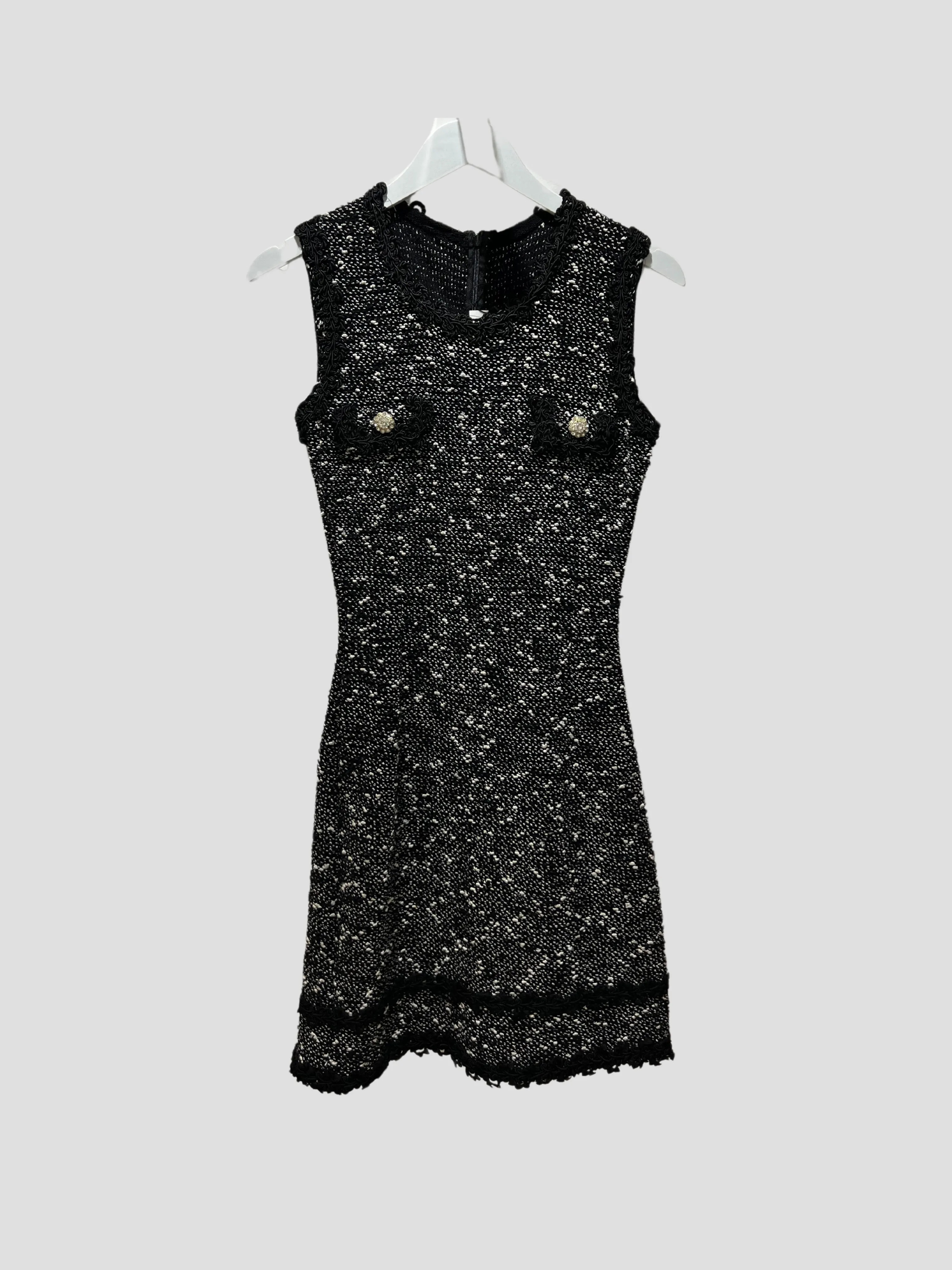 Myra Black and White Tweed Dress with Rhinestone Buttons