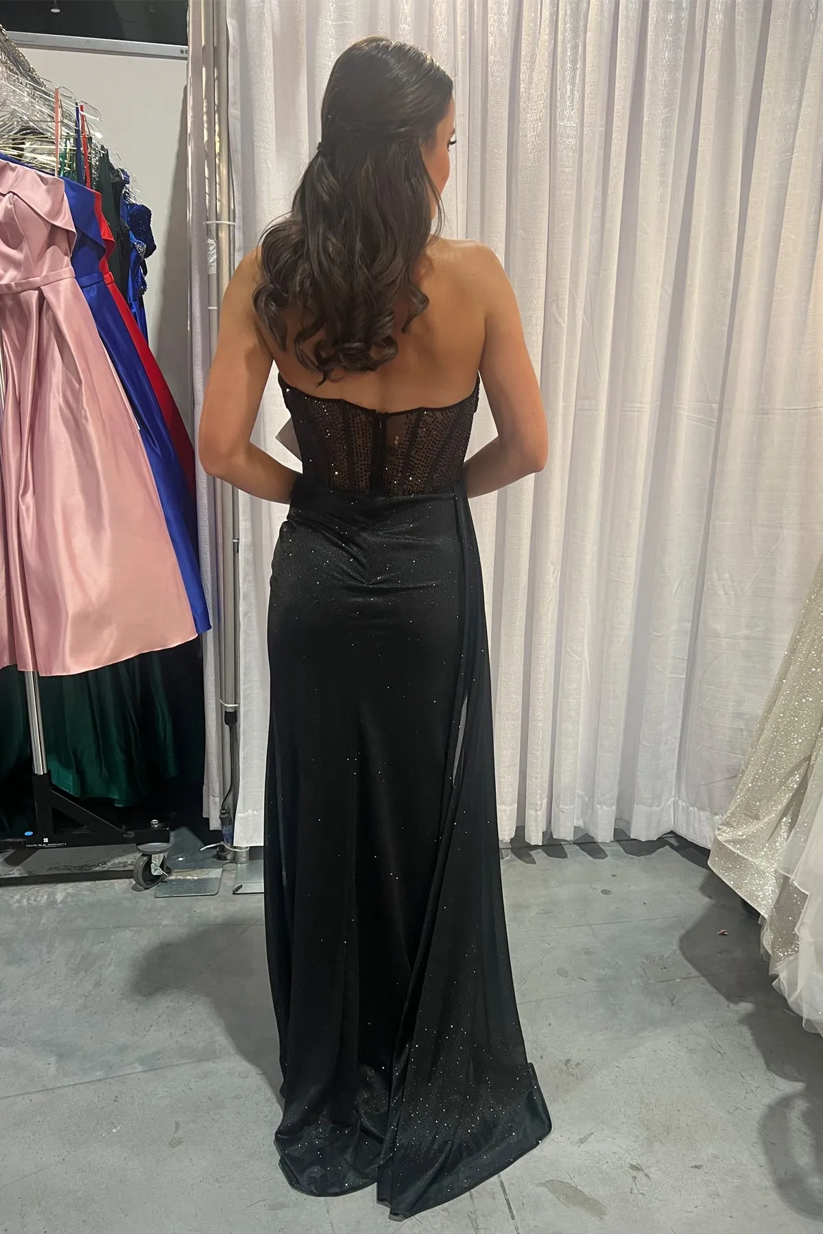 N A1384 - Strapless Fit & Flare Prom Gown with Sheer Rhinestone Embellished Bodice Side Sash & Leg Slit
