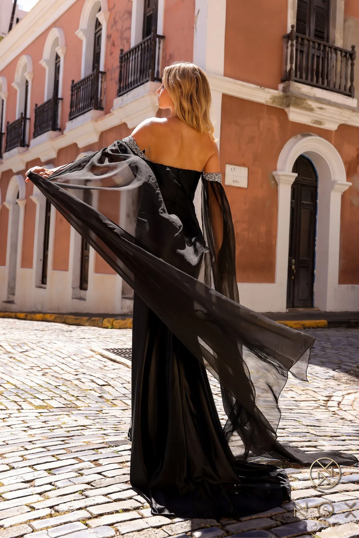 N R1312 - Off The Shoulder Fit & Flare Prom Gown With Sheer Sleeves & Rhinestone Accented Leg Slit