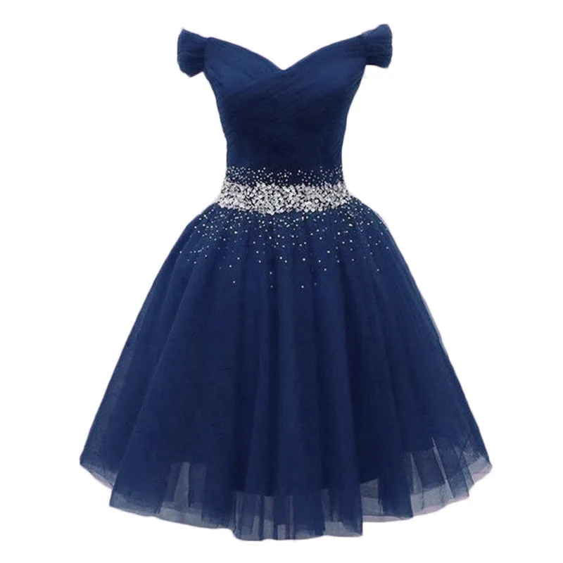 Navy Beaded Sweetheart Off Shoulder Tulle Homecoming Dress, New Style Short Prom Dresses
