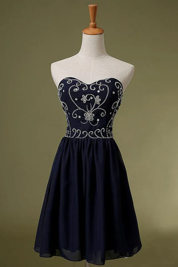 Navy Blue Chiffon Beaded Homecoming Dress, Sweetheart Pretty Party Dress, Formal Dress for Prom