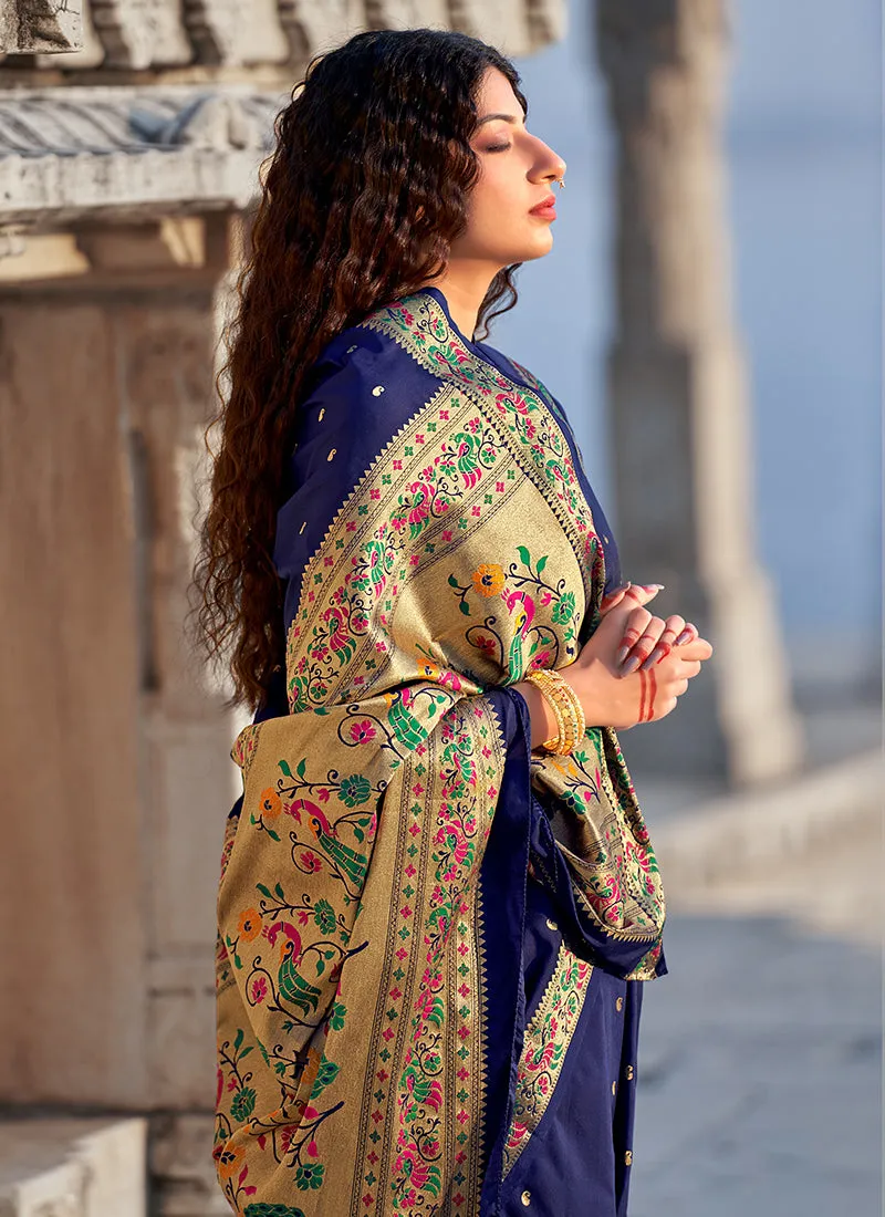 Navy Blue Embellished Banarasi Silk Saree