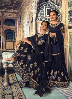 Navy Blue Embellished Gharara Palazzo Suit