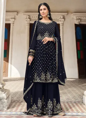 Navy Blue Embroidered Designer Palazzo Suit