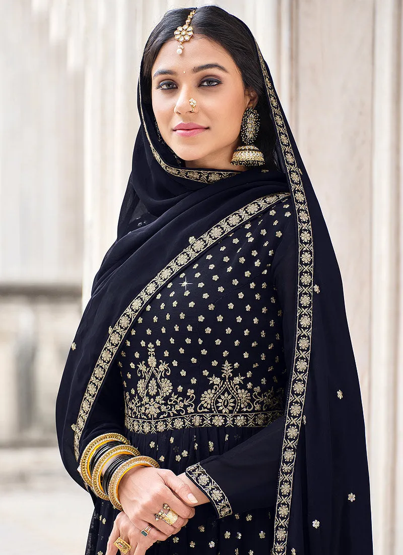 Navy Blue Embroidered Designer Palazzo Suit